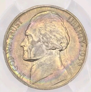 1939 D Jefferson Nickel 5c Reverse Of 38 Type PCGS MS64 Certified Rainbow Toned - Picture 1 of 4