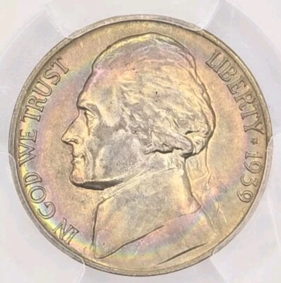 1939 D Jefferson Nickel 5c Reverse Of 38 Type PCGS MS64 Certified Rainbow Toned - Image 1 of 4