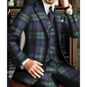 Men Suits Check Wool Blend Regular Fit Formal Notch Lapel Tuxedos Prom Jacket - Picture 1 of 38