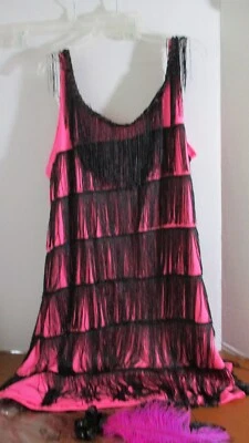 FORUM~Pink FLAPPER DRESS w/ Black Strings & FEATHER HEAD PIECE COSTUME~Women M/L - Image 1 of 4