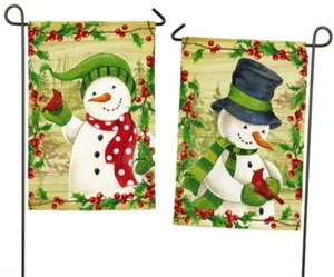 NEW EVERGREEN DOUBLE SIDED CHRISTMAS GARDEN FLAG WINTER BERRIES SNOWMEN 12.5x18 - Picture 1 of 3