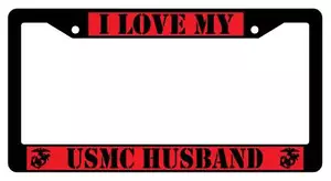 Black License Plate Frame I LOVE MY USMC HUSBAND (RED) Auto Accessory - Picture 1 of 1