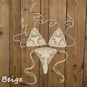 Set mini bikini sexy all'uncinetto a mano top & inferiore perizoma boho stringa bikini microkini - Foto 1 di 5