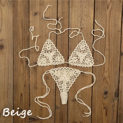Hand crochet sexy mini bikini set top&bottom thong boho string bikini microkini - Image 1 of 4
