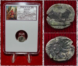 Ancient Coin PHOENICIA Sidon Galley King Fighting Lion Silver 1/16 Shekel  - Picture 1 of 4