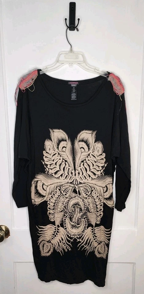 CUSTO BARCELONA Cotton Modal BLACK Feather Print Beaded Dress Shoulder Detail M - Image 1 of 4