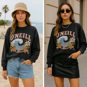 O’Neill Sweatshirt L Black Floral Wave Graphic Pullover NWT Surf Style Beach - Picture 1 of 5