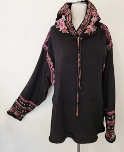 JOHNNY WAS Hoodie SWEATSHIRT SCHWARZ BAUMWOLLE Strick bunt Blumenstickerei L - Bild 1 von 7