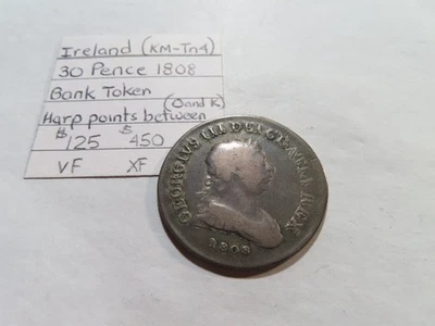 Ficha de banco de 30 peniques de plata C48 Irlanda 1808 puntos de arpa entre O y K Foto 1 de 2