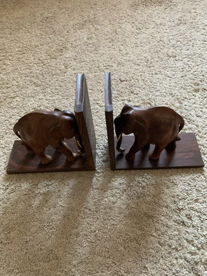 VTG Hand Carved Solid Dark Wood Elephant 9” Bookends Complete with Tusks African - Image 1 of 4