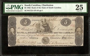 1862 $5 J WHATMAN PAPER SOUTH CAROLINA BANK NOTE LARGE CIVIL WAR PAPER MONEY PMG - Picture 1 of 2