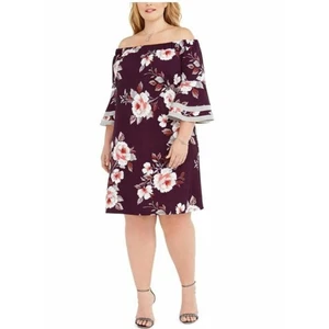 LOVE SQUARED NUEVO $75 Vestido recto estampado floral manga campana hasta la rodilla en ciruela 3X - Imagen 1 de 5
