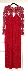 Laurence Kazar Dress Medium Red Beaded Silk Gown Long Sleeve Sheer Vintage READ - Picture 1 of 21