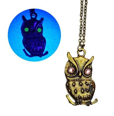 Owl Pendant Necklace Vintage Uranium Glass Glow Eyes Bronze Tone Gothic Jewelry - Image 1 of 4
