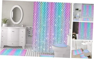 4 Pcs Mermaid Rainbow Kids Shower Curtain Sets with Rugs, Pink Bling Large - Picture 1 of 8