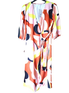 TU Kleid Größe 12 Midi orange gelb gemustert Satin Wickeloptik 1/2 Ärmel - Bild 1 von 12