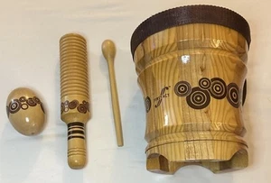 Handcrafted First Act Wooden Mini Bongo Drum With Other Small Instruments - Picture 1 of 6