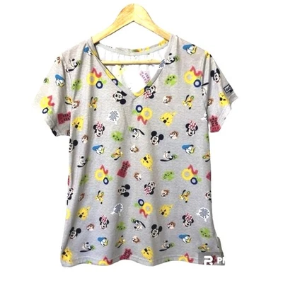Camiseta de los Parques Disney para Mujer Grande Mickey Mouse Gris Cuello en V Personaje Top Informal  Foto 1 de 4