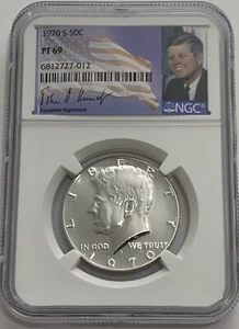 1970 NGC PF69 ARGENTO PROOF KENNEDY MEZZO DOLLARO MONETA BIANCA JFK 50C FIRMA LB - Foto 1 di 3