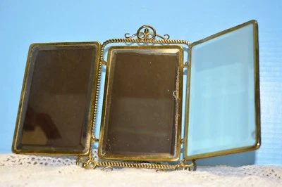 Espejo tocador plegable inglés victoriano antiguo cuero estampado floral c 1870 Foto 1 de 4