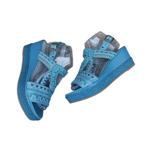 Sundance Pampil Leder Cut Out Keilabsatz Sandalen Gr. 38 blau Boho Southwest - Bild 1 von 13