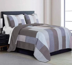 Chezmoi Collection Sora 3-Piece Plaid Checkered Grid Patchwork Stripe Quilt S... - Picture 1 of 9