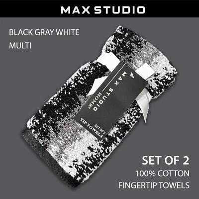 SET OF 2 New MAX STUDIO Soft Cotton Tip Towels Abstract Ikat Black Gray White - Image 1 of 3