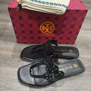 Tory Burch Tiny Miller Logo Thong Black Leather Sandals Women’s Size 7 - Picture 1 of 11