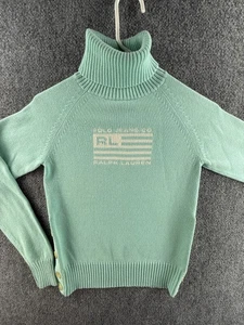 Ralph Lauren Polo Jeans Women Flag Sweater Light Blue Turtleneck Small Cotton - Picture 1 of 18