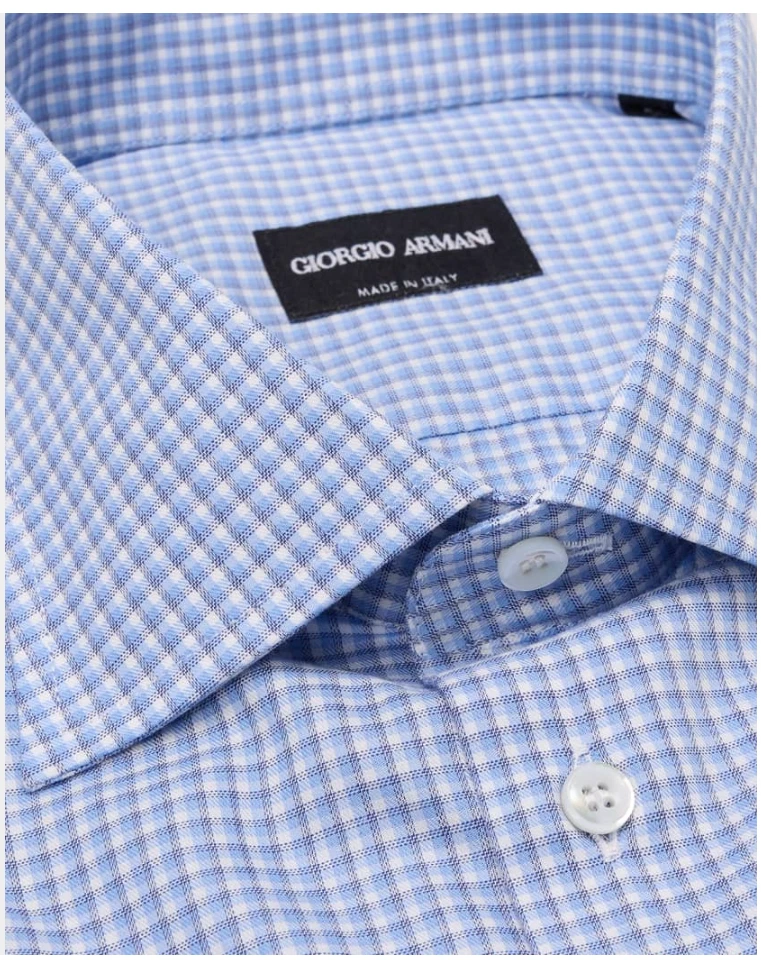 Camisa de vestir a cuadros de algodón Giorgio Armani para hombre 15,5 azul cuello punto puño barril Foto 1 de 4