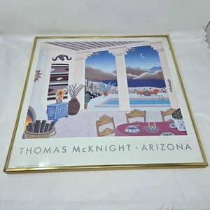 VTG 1991 THOMAS MCKNIGHT ARIZONA DESERT PATIO ART PRINT POSTER METAL FRAMED 18" - Picture 1 of 6