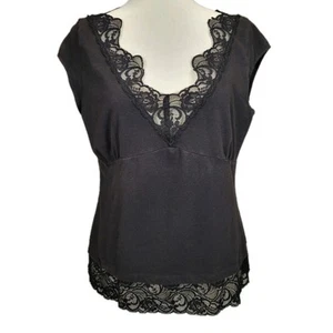 Y2K DKNY Jeans Babydoll Camicia Nera Bordo in Pizzo Donna XL Scuro Romantico  - Foto 1 di 10
