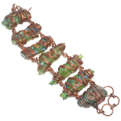 Copper Wire-Wrapped Cluster Green Titanium Aura Quartz Bracelet 9.5" GW - Image 1 of 3