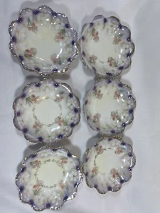 Set of 6 Antique JSV Germany Purple Iridescent Molded Edge Iris 5" Bowl - Picture 1 of 8