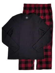Mens 2 Piece Long Sleeve Shirt & Burgundy Plaid Fleece Pants Pajama Sleep Set - Picture 1 of 3