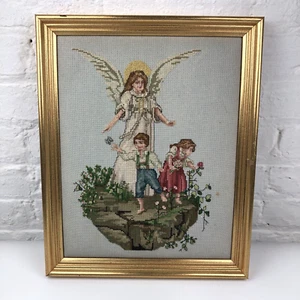 VTG Cross Stitch Guardian Angel Boy Girl Framed Artwork Art Religious Flowers - Picture 1 of 7