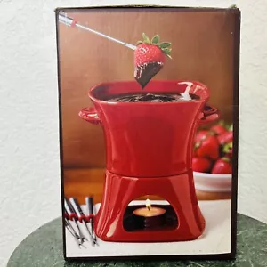 Williams Sonoma Red Stoneware Fondue Set- Bowl Tea Light Warmer Base & Six Forks - Picture 1 of 9