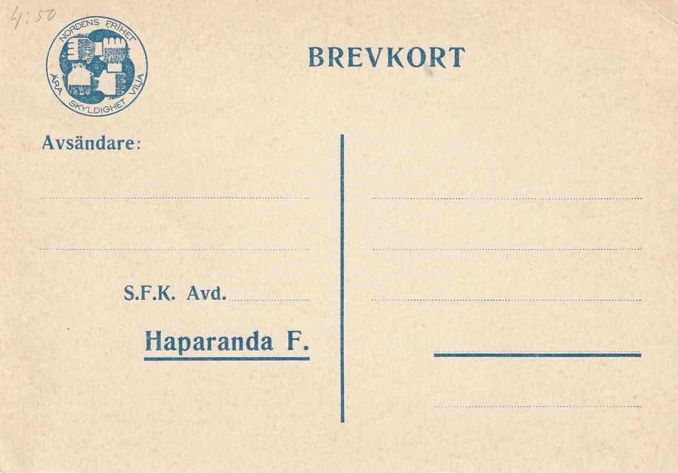 SUECIA: Postal de campo militar para voluntario sueco en Finlandia SFK, sin usar. Foto 1 de 1