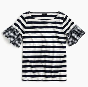J CREW Striped Gingham Ruffle Sleeve Top Tee XS Navy White Stripe G1392 - Bild 1 von 3