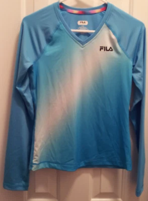 Camisa atlética Fila Sport azul marinho oceânico manga longa meninas tamanho G(14) gola V - Imagem 1 de 4