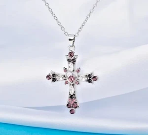 PURPLE CZ CROSS RELIGIOUS CHRISTIAN charm DIAMOND Cut 925 Silver 20" Chain Women - Picture 1 of 7