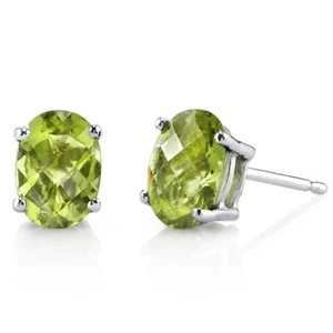 Peridot Stud Earrings 14 Karat White Gold Oval Shape 2 Carats - Picture 1 of 5