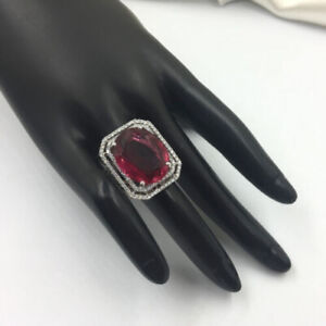 Huge Pink Oval Shape Ruby & White CZ Gorgeous 935 Silver Fine Ring ( 6.5 Size )