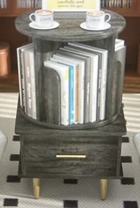 Cyclysio Rotating 360 Bookshelf w/ Drawer 2 Tier Grey Oak 27.36”x15.67”x14.49” - Picture 1 of 7