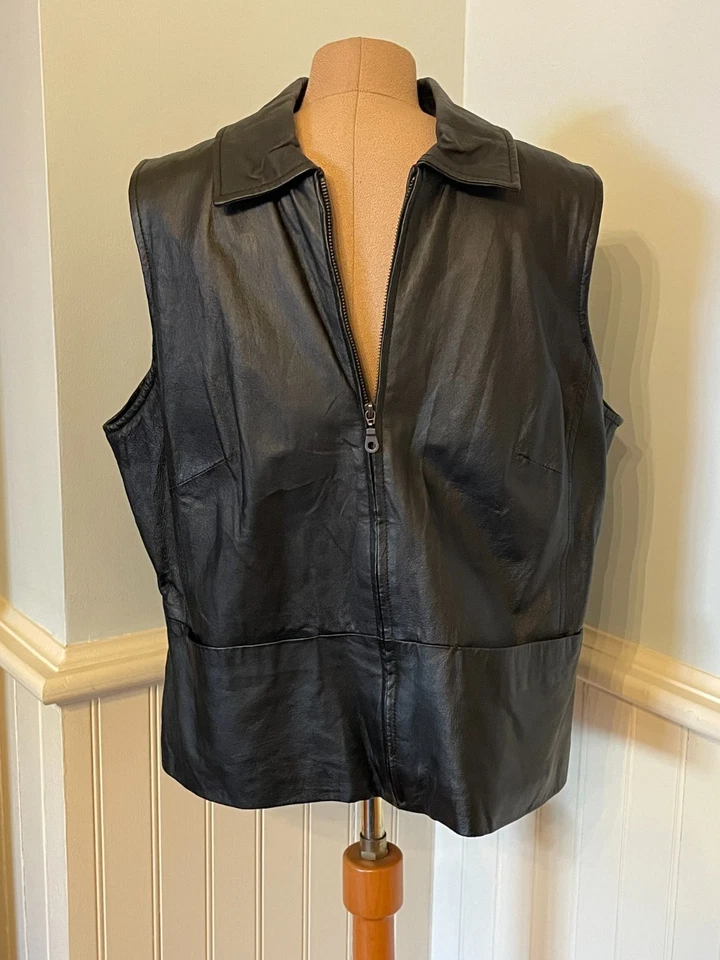 AMI Women’s Black 100% Leather  Full Zip Pockets Vest Jacket Western - XL - Image 1 of 4