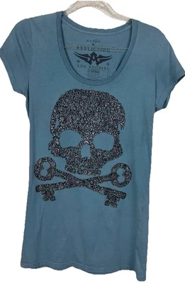 Affliction Women's Blue Size Large 100% Cotton Long Tee Skull Y2K - Image 1 of 4