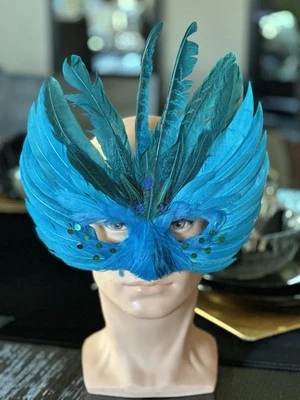 Womens Turquoise Blue Feathers Venetian Mardi Gras Masquerade Halloween Mask - Image 1 of 4