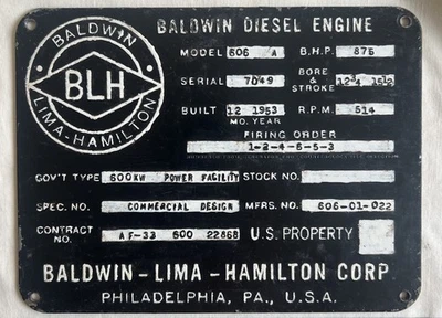 PLACA DE CONSTRUCTOR MOTOR diésel Baldwin-Lima-Hamilton modelo 606A 12-1953 Foto 1 de 4