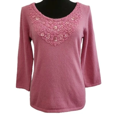 Silk Angora Rabbit Hair Sweater Womens M Pink Sequins Sparkly Beaded Luxury INC - Image 1 of 4