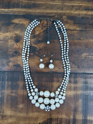 Multi Strand Faux Pearl Necklace & Earrings, Navy Beads, Rhinestones - Image 1 of 4